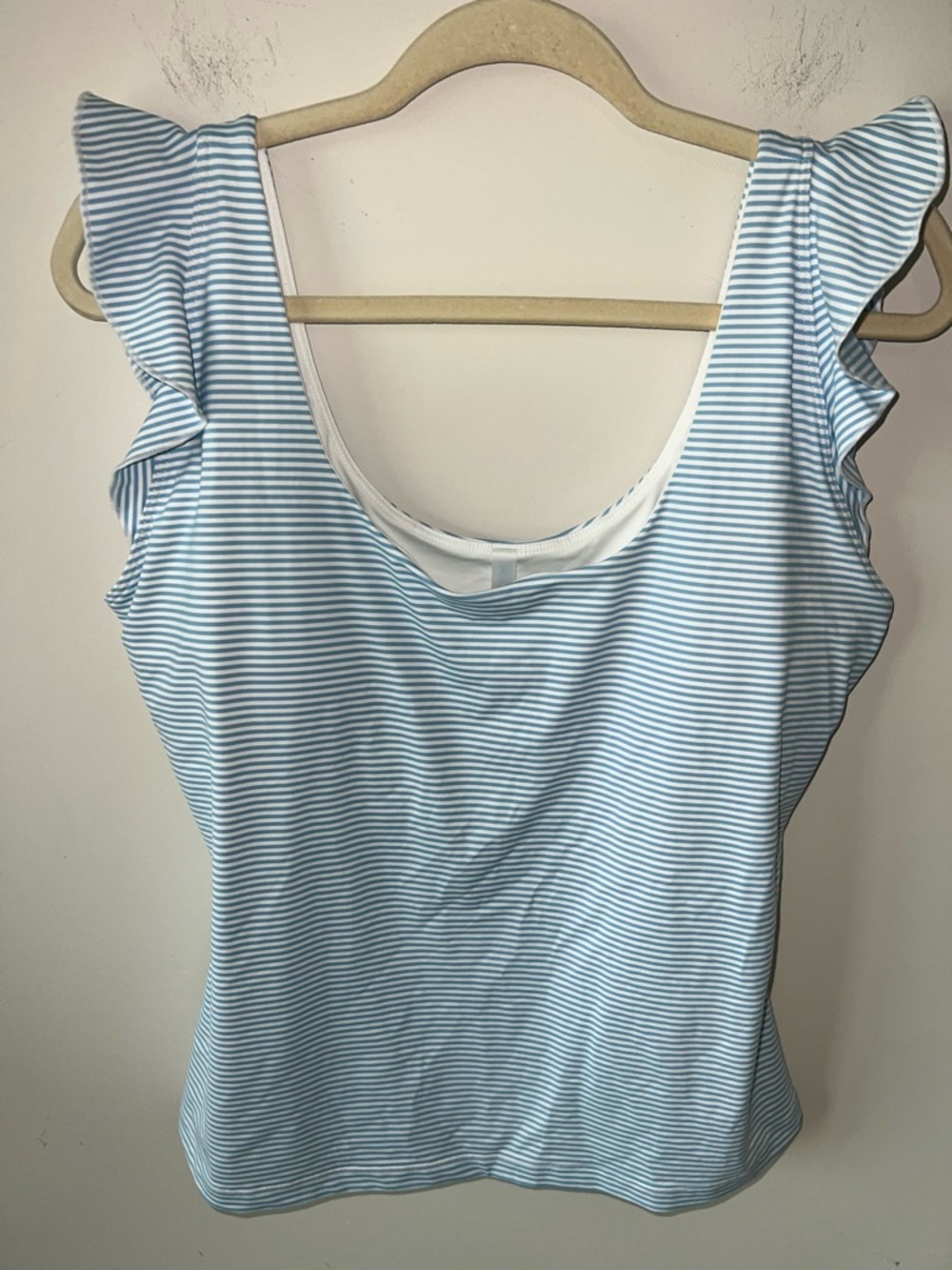 Southern Tide Light Blue Striped Ruffle Sleeve Swim Top Shelf Bra XL